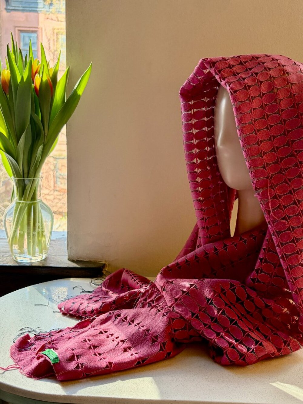 Benetton Scarf Pink Boho Long Lace Vintage Textured Fringe Y2K